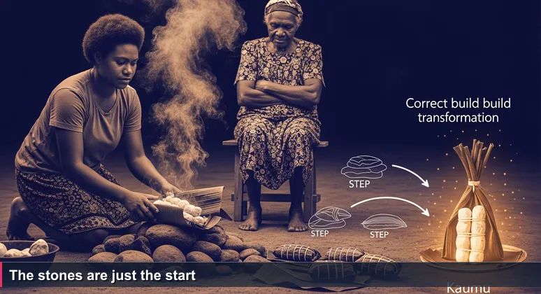 A young Papua New Guinean woman stands over a pile of hot river stones, smoke rising, unwrapping banana-leaf bundles from a failed mumu, her grandmother watching from a wooden stool.