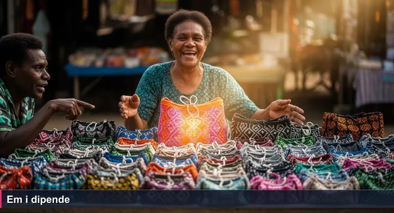 A Port Moresby market vendor gestures to a colorful array of bilum bags while a customer points at one, asking which is best, illustrating the article's theme that ranking startups depends on context.