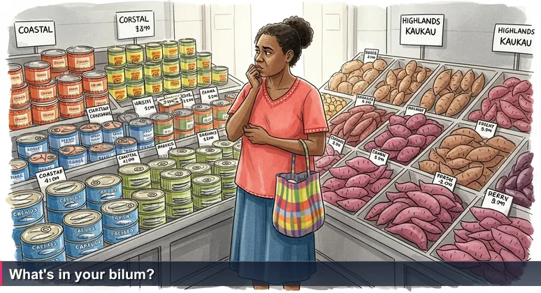 A woman at Gordons Market in Port Moresby holding a bilum bag, standing at a crossroads between fresh produce and tinned goods, representing career choices for AI engineers in PNG.