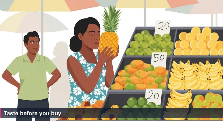 Woman at Port Moresby market carefully inspecting a pineapple, with piles of fruit and a seller watching, symbolizing careful choice of a tech bootcamp.