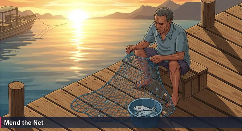 A fisherman at Koki Market in Port Moresby mending a torn net at dawn, symbolizing the need to patch cybersecurity workforce gaps.