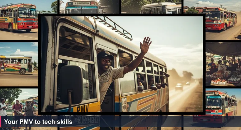PMV conductor at Port Moresby bus stop calling out destinations, passengers inside, gritty and vibrant scene.