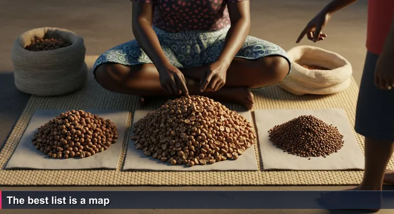 A woman at Gordons Market in Port Moresby sorts betel nut into three piles on a woven mat, with a customer watching.