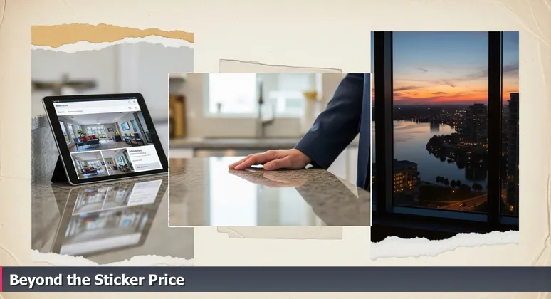 Hand on a granite counter in a Jacksonville condo, with a tablet showing a real estate listing and a sunset view of the St. Johns River.