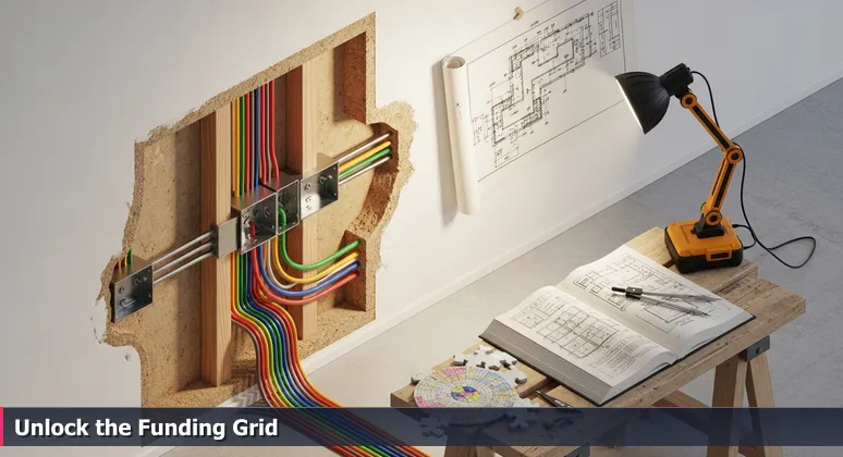 A detailed view of cut-open drywall showing organized electrical wiring and a blueprint, representing the hidden funding pathways for tech training in Jacksonville, FL.