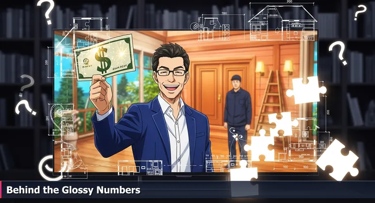 Close-up of a television screen from a house-flipping show: host holds a large $150,000 check, with a crew member in background shaking head at a flawed renovation.