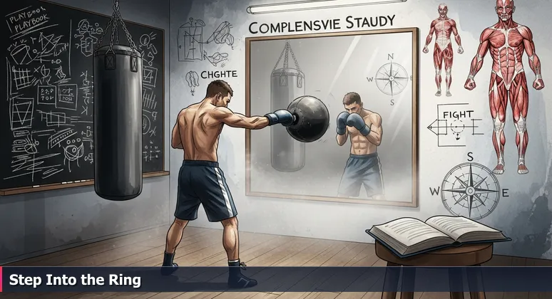 A determined boxer training alone on a heavy bag in a dim gym, with a reflective mirror showing focus, symbolizing the need for community in AI learning.