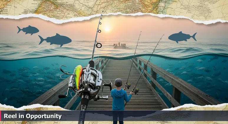 Illustration of a person on a Jacksonville pier at dawn, holding simple and complex fishing rods over water with fish silhouettes, symbolizing strategic career choices in tech.