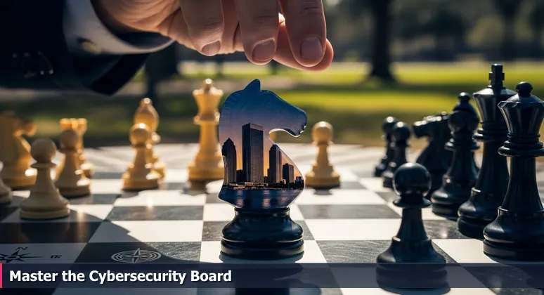 A chess grandmaster's hand hovering over a chessboard with Jacksonville's skyline reflected in a black knight piece, symbolizing strategic cybersecurity careers.
