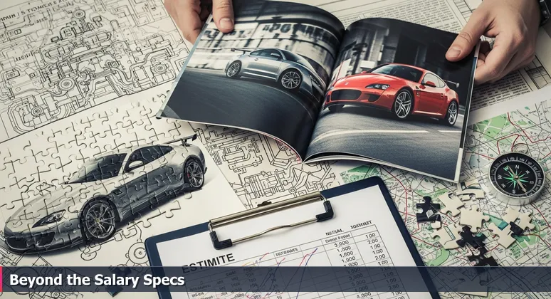 A hand holding a car brochure with specs, foreground shows a mechanic's cost estimate, symbolizing hidden expenses in salary vs. living costs in Jacksonville