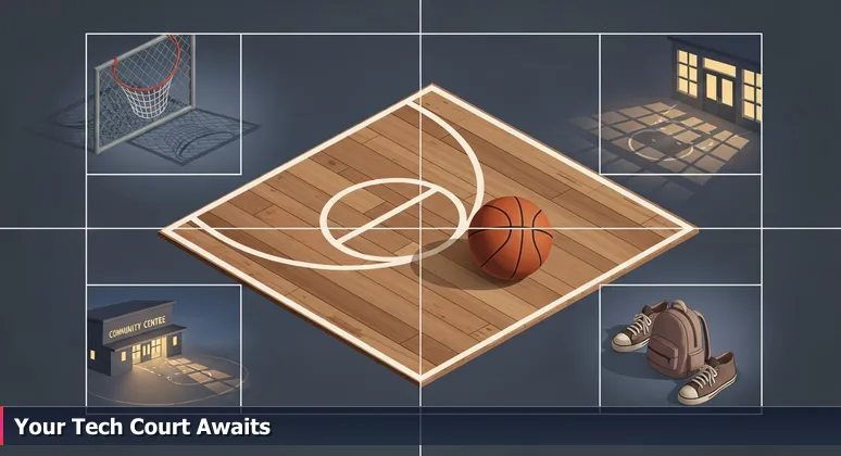 A worn public basketball court at dusk with a basketball and sneakers, symbolizing accessible tech training opportunities in Jacksonville, FL.