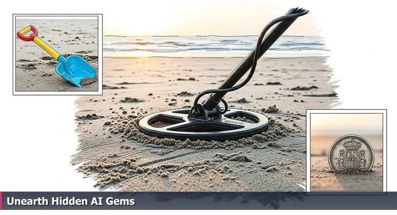 Close-up of a metal detector on Jacksonville Beach sand at dawn, with a half-buried Spanish coin symbolizing hidden AI job opportunities in the city's core industries.