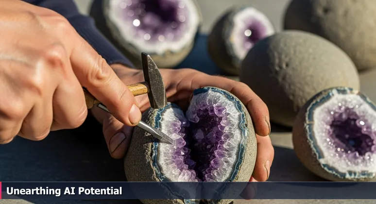 Hands splitting open an Arkansas river rock to reveal gleaming purple and white quartz crystals, symbolizing hidden AI potential in Little Rock.