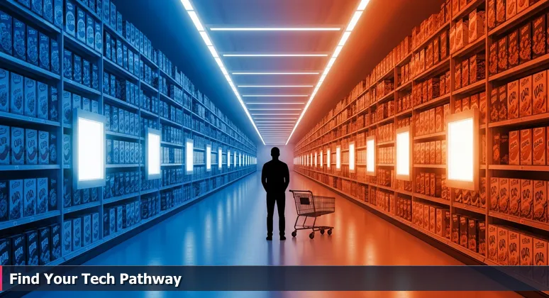 A person in a Little Rock supermarket cereal aisle, overwhelmed by colorful boxes, representing the challenge of choosing tech career opportunities.