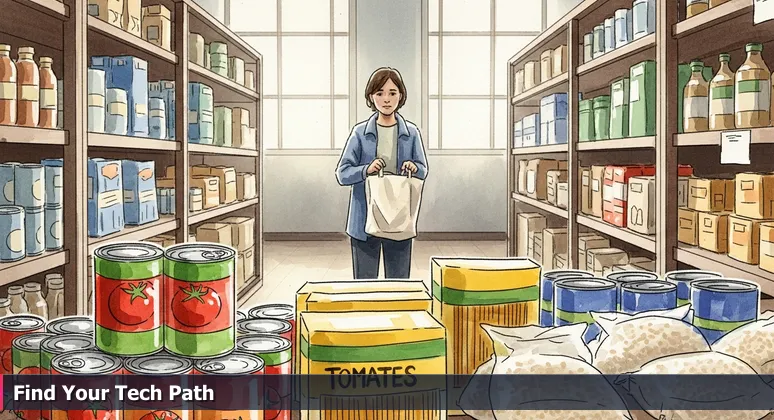 A person in a Little Rock community pantry, surrounded by full shelves, looking overwhelmed yet hopeful, symbolizing abundant free tech training opportunities.