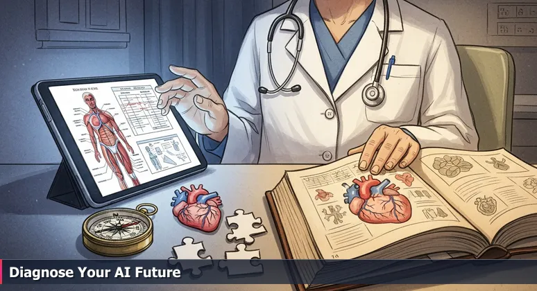 A focused professional in a clinical setting, choosing between a tablet displaying AI data and an open textbook, symbolizing the transition from theory to practice in Minneapolis's AI job market.