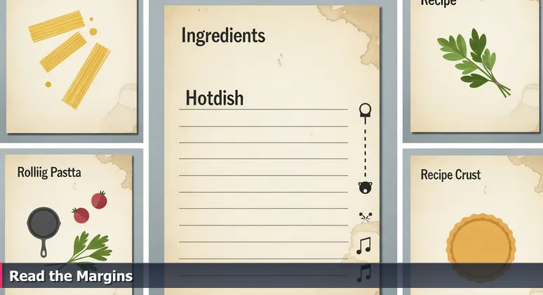 Close-up of a stained handwritten recipe card for Minnesota Hotdish, with marginal notes on tech salaries and hidden perks in Minneapolis careers.