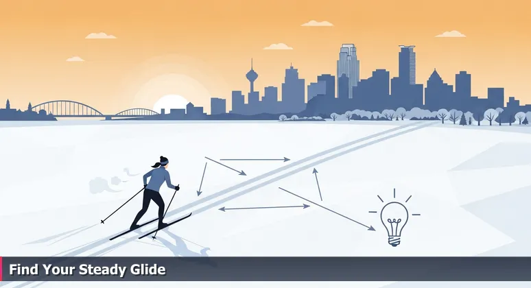 A cross-country skier gliding on frozen Lake Harriet at sunrise with the Minneapolis skyline in the background, symbolizing steady tech career progress.