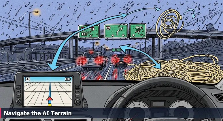 Close-up of a car dashboard in Minneapolis at dusk, GPS showing a clear route on screen, with a blurry view of a chaotic, rain-slicked highway junction outside.