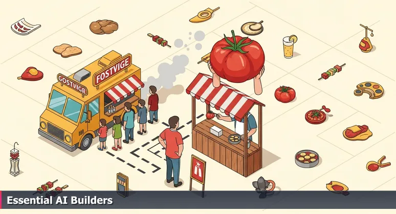 A food critic at a summer festival ignores a flashy food truck to examine a perfect heirloom tomato on a simple stall, symbolizing the search for substantive AI innovations in Minneapolis.