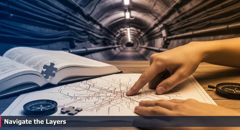 Close-up of hands tracing a colorful Minneapolis Metro Transit map on a table, with a blurred background showing the complex infrastructure of a transit tunnel.