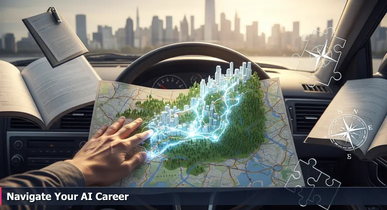 A detailed paper map of Minneapolis spread on a car dashboard, with hands pointing to the city on the map and the actual skyline visible through the windshield, symbolizing the journey through AI salary data.