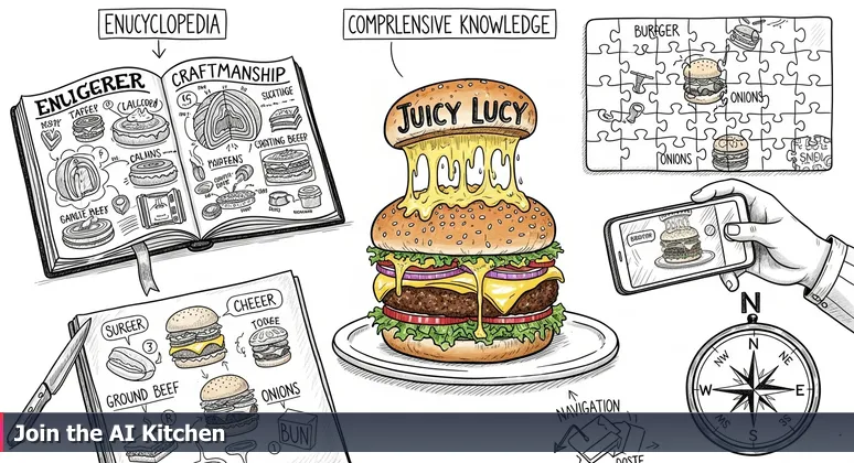 A visual metaphor showing a Juicy Lucy burger at Matt's Bar in Minneapolis with AI icons, representing the journey from superficial to deep AI networking engagement.