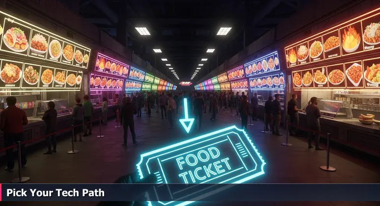 A first-person view of the crowded Minnesota State Fair Food Building with long lines at food stalls, representing the competitive tech job market in Minneapolis.