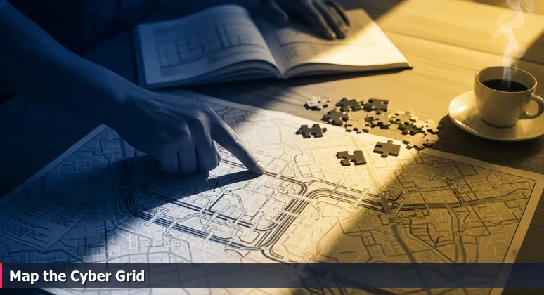 A hand tracing a detailed city utility map on a wooden table, highlighting the hidden cybersecurity infrastructure beneath Minneapolis' skyline.
