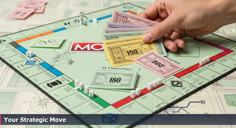 A hand holding cash over a Monopoly board, representing the strategic decision of balancing tech salaries and cost of living in Minneapolis for 2026.