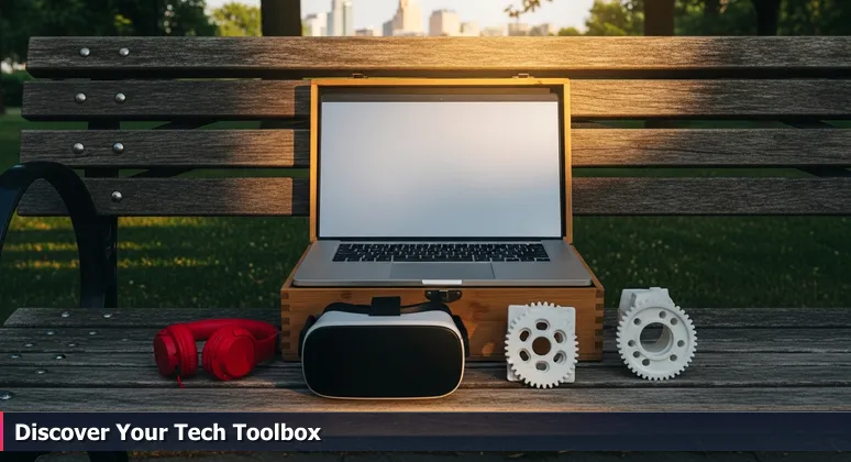 A communal toolbox on a Minneapolis park bench filled with tech tools like a laptop, headphones, VR headset, and 3D-printed gear, with the city skyline in the background.