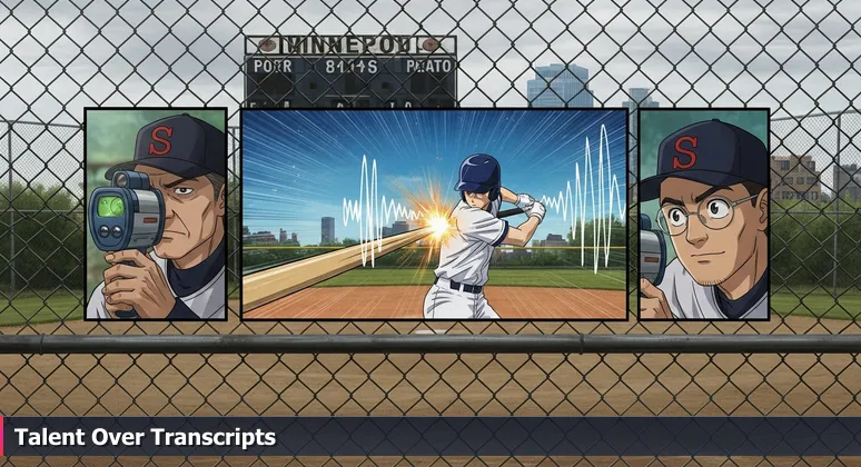 A baseball scout in a worn cap behind a chain-link fence at a Minneapolis ball field, holding a radar gun and focusing on a player's swing.