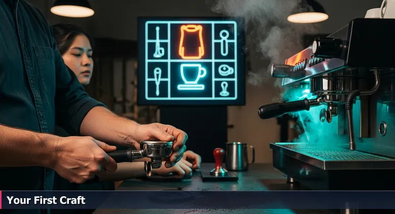 A master barista in a Minneapolis coffee shop guiding an apprentice's hands on an espresso machine, representing mentorship for junior tech developers.