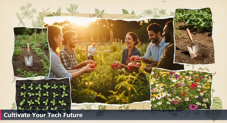 A golden hour community garden with ten distinct plots representing diverse women in tech groups and resources in Minneapolis, MN for 2026.