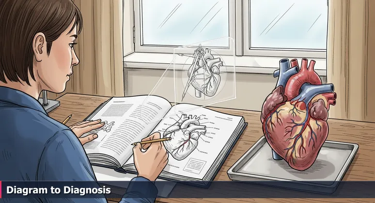 A medical illustrator comparing a textbook heart diagram to a real heart specimen, symbolizing the transition from AI theory to applied practice in Rochester's healthcare AI careers.