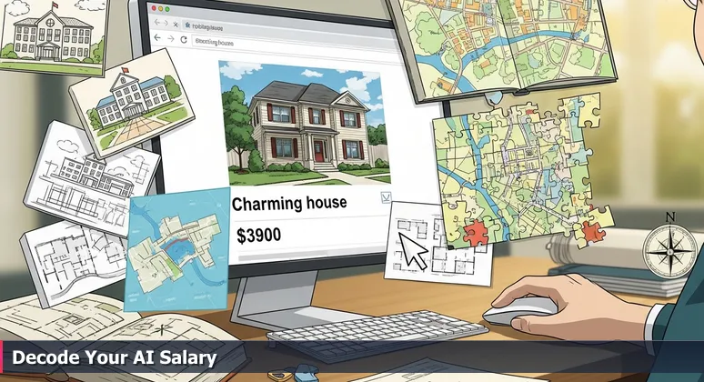 Close-up of a person's hand hovering over a computer mouse, with a real estate listing on the screen and tabs showing maps and reports, symbolizing deep research into AI salaries.