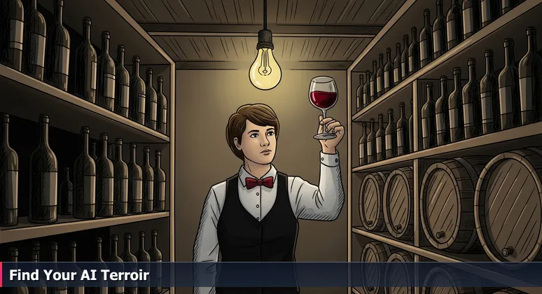 A sommelier in a wine cellar evaluating a glass of red wine, symbolizing the discerning choice of AI engineering roles in Rochester's unique medtech environment.