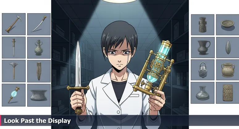 A curator in a storage room holds a shiny dagger and a complex gear device, representing tech career choices in Rochester between obvious prestige and hidden potential.