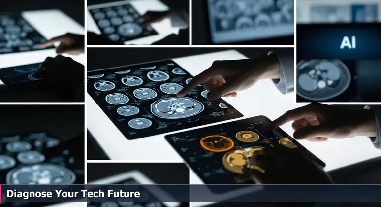 A doctor's hands pointing at conflicting CT scan and AI analysis on a tablet, representing career decision-making in Rochester's AI bootcamp landscape.