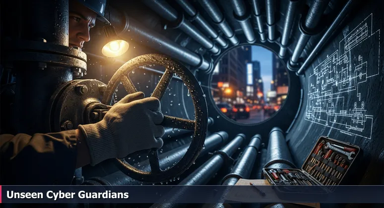 A gloved hand turning a large, rusty valve in an underground utility access in Rochester, Minnesota, with downtown buildings visible through an open manhole, representing hidden cybersecurity infrastructure.