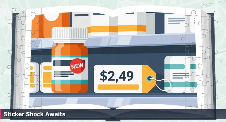 A pharmacy shelf with a medicine bottle featuring a 'NEW' sticker and a high price tag in the background, symbolizing the sticker shock of Rochester's cost of living for tech careers.