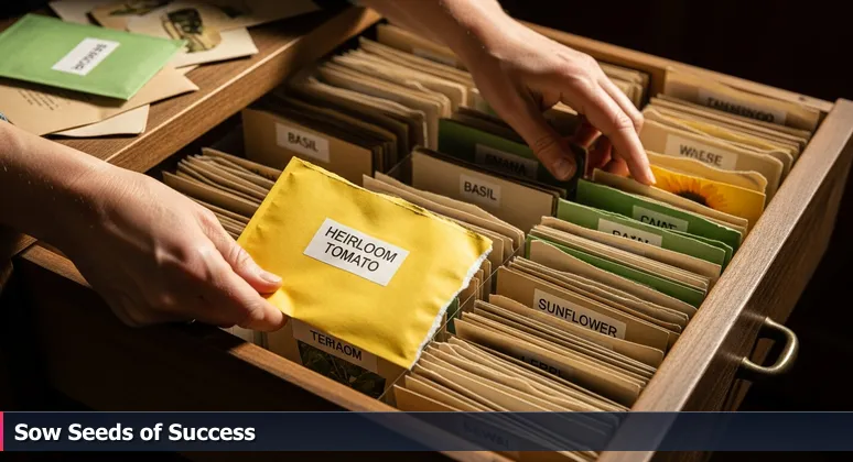 A person's hands sorting through labeled seed packets in a community seed library, representing free tech training opportunities in Rochester, MN.