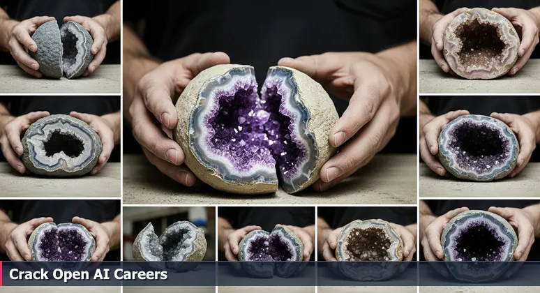 Close-up of a geode being cracked open in a Rochester workshop, revealing vibrant amethyst crystals inside, symbolizing hidden AI opportunities in the city's traditional industries.