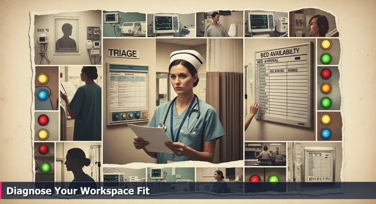 An illustration of a triage nurse in an emergency room, symbolizing the strategic diagnostic process for choosing tech coworking spaces in Rochester's healthtech hub.