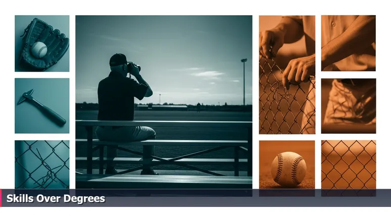 A baseball scout in a small-town field using binoculars to watch a utility player repair a broken fence, symbolizing the search for practical skills in Rochester's tech job market.