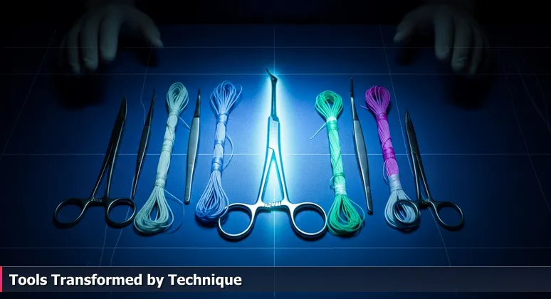 A surgical tray with neatly arranged medical tools on a blue cloth, symbolizing the resources for women in tech in Rochester.
