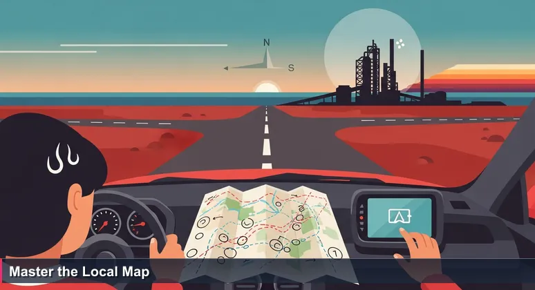 Tourist in car at mining road T-junction, frustrated with GPS, holding annotated map, nickel plant silhouette at sunset.
