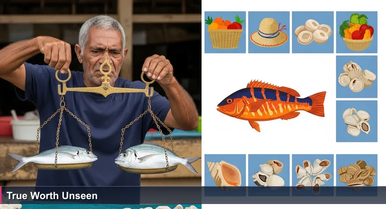 A fisherman at Nouméa market weighing two fish on a brass scale, symbolizing hidden value in tech salaries across New Caledonia's dual-market economy.