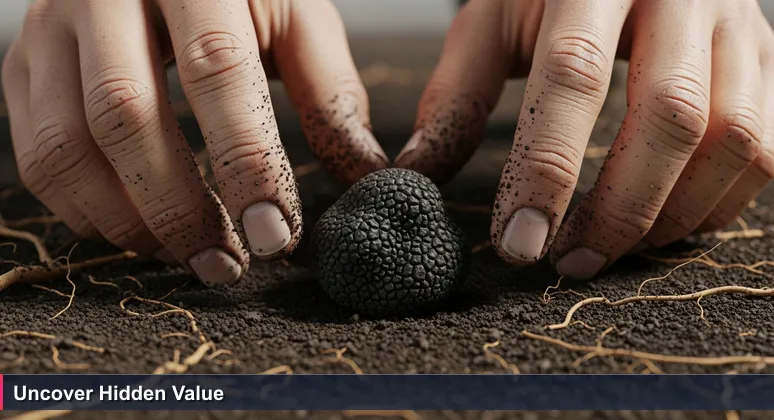 Close-up of soil-covered hands gently uncovering a dark truffle, symbolizing hidden tech opportunities in New Caledonia's niche ecosystem.