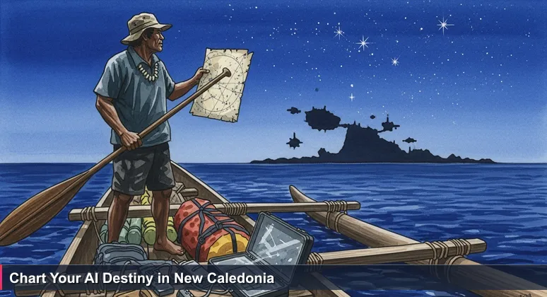 A Pacific navigator in a traditional vaka canoe at twilight, holding a star chart and a modern laptop, with Grande Terre silhouette, symbolizing the AI engineering journey in New Caledonia.